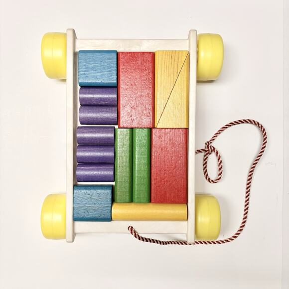 Vintage Playskool Wagon Of Blocks 1976 Wooden Building Shapes Colors Pull Along - Picture 5 of 6